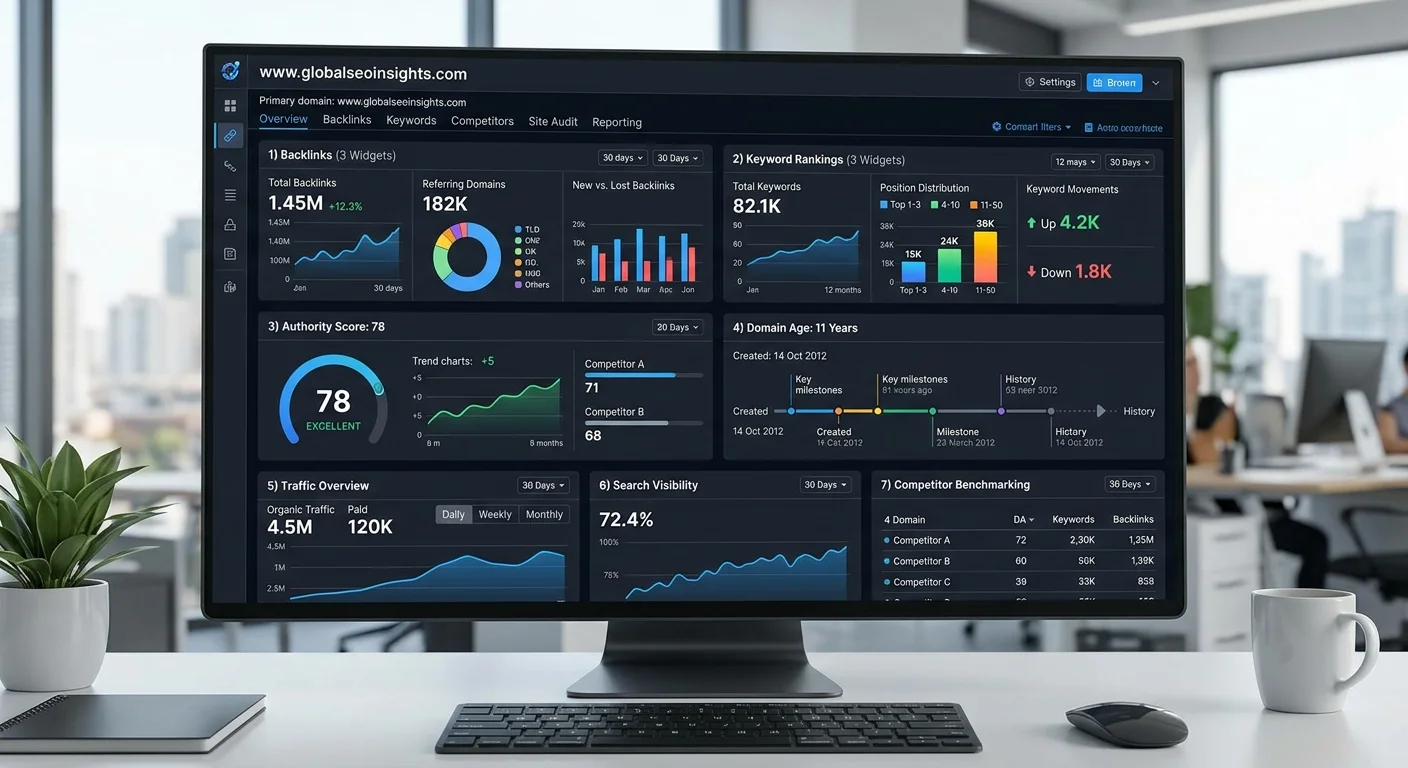 Domain SEO strength analysis dashboard displaying multiple ranking factors
