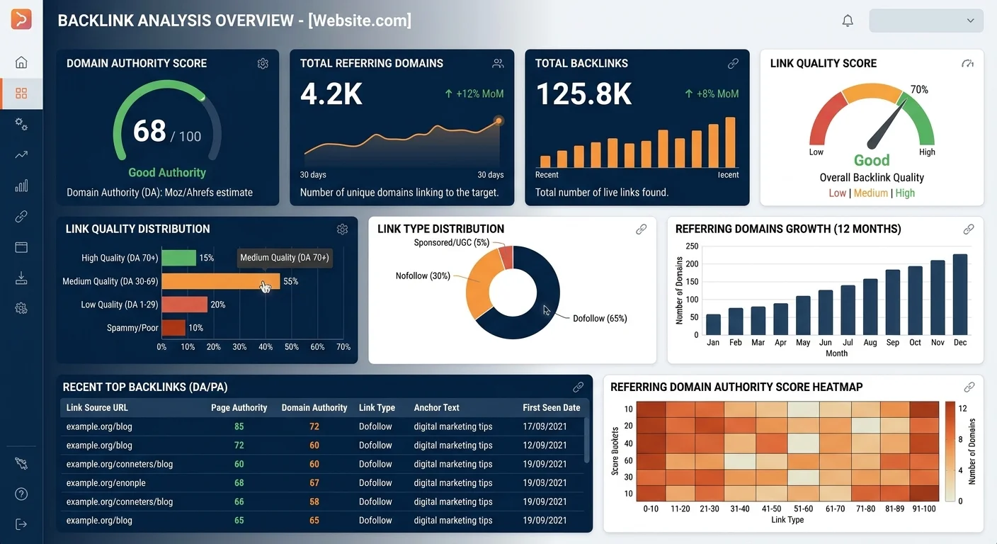 Backlink analysis dashboard displaying domain authority and link quality data