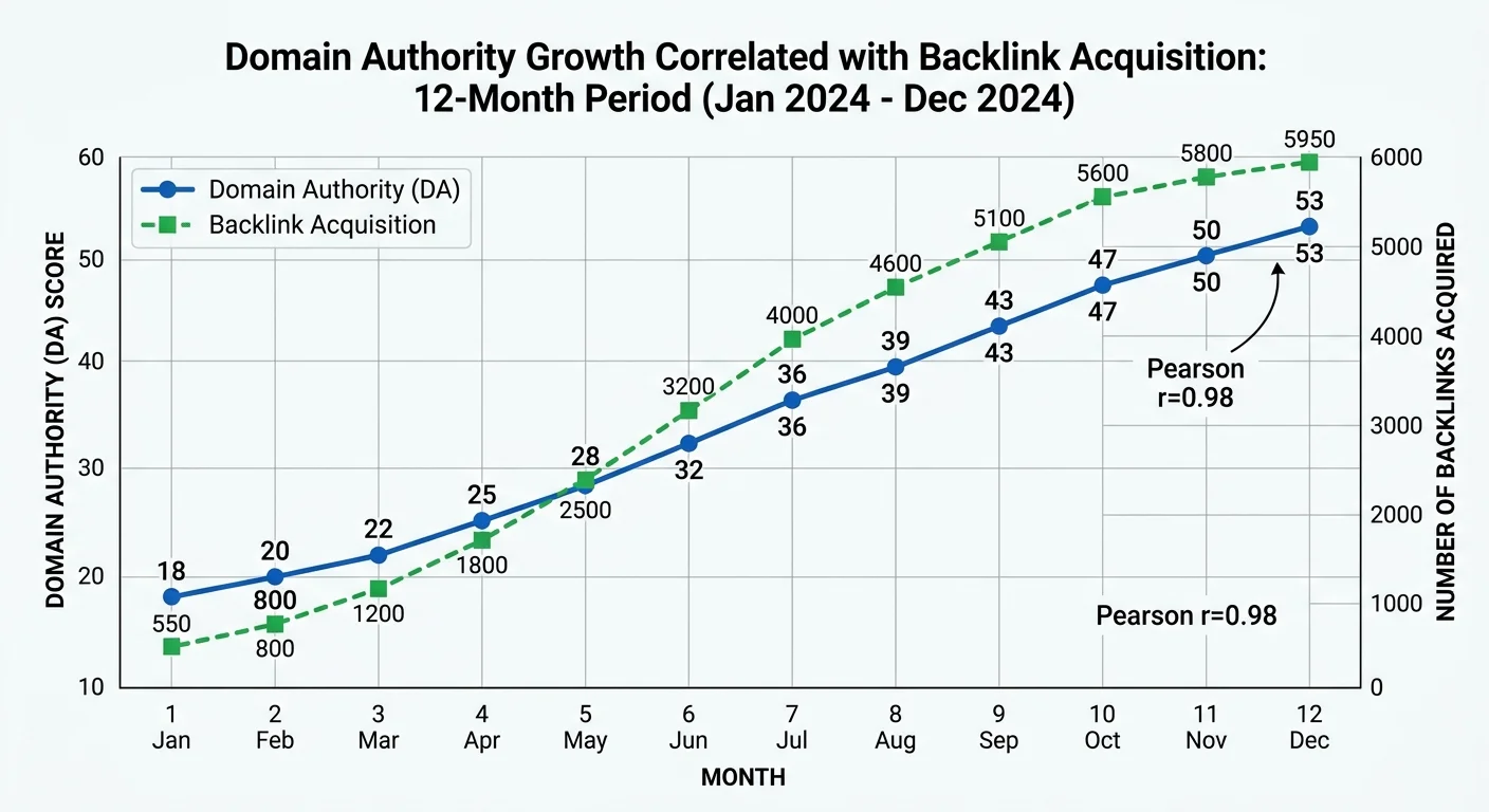 Domain authority growth chart showing improvement from consistent backlink building over 12 months