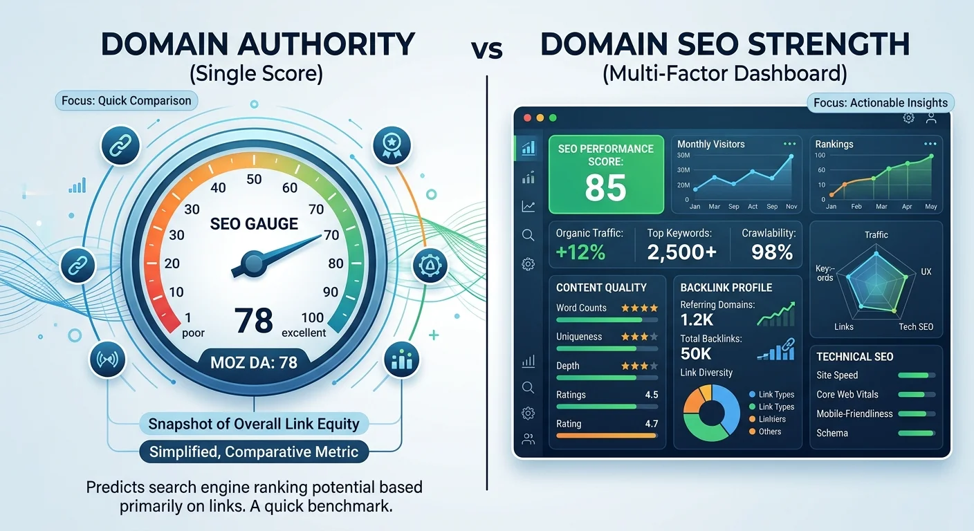 Comparison of Domain Authority single metric versus multi-factor Domain SEO Strength analysis