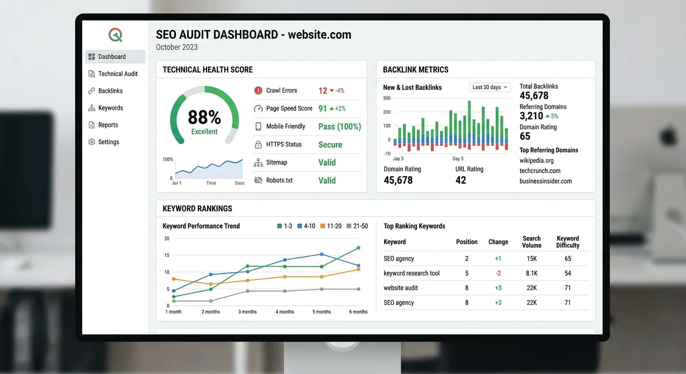 SEO audit checklist dashboard for domain strength analysis