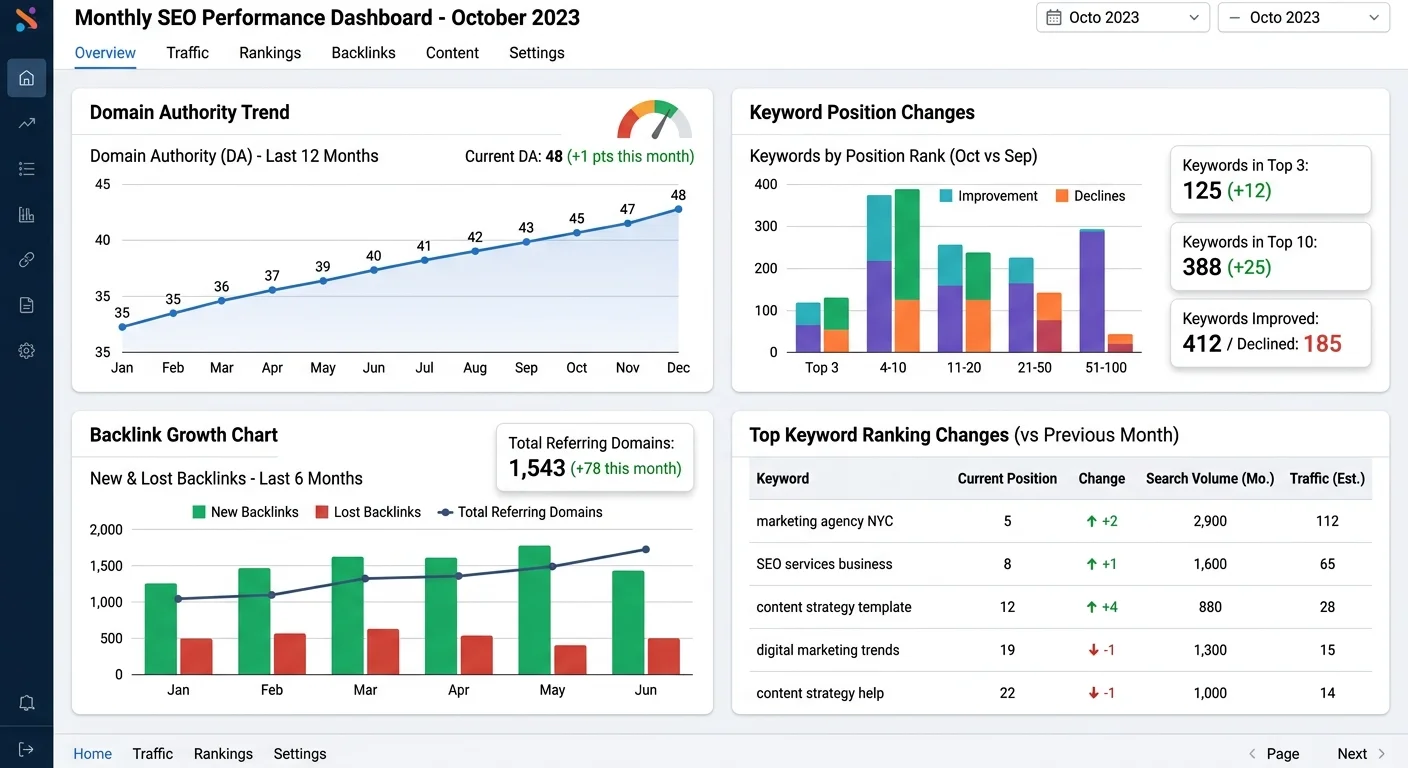 SEO audit tracking dashboard showing domain strength progress over time