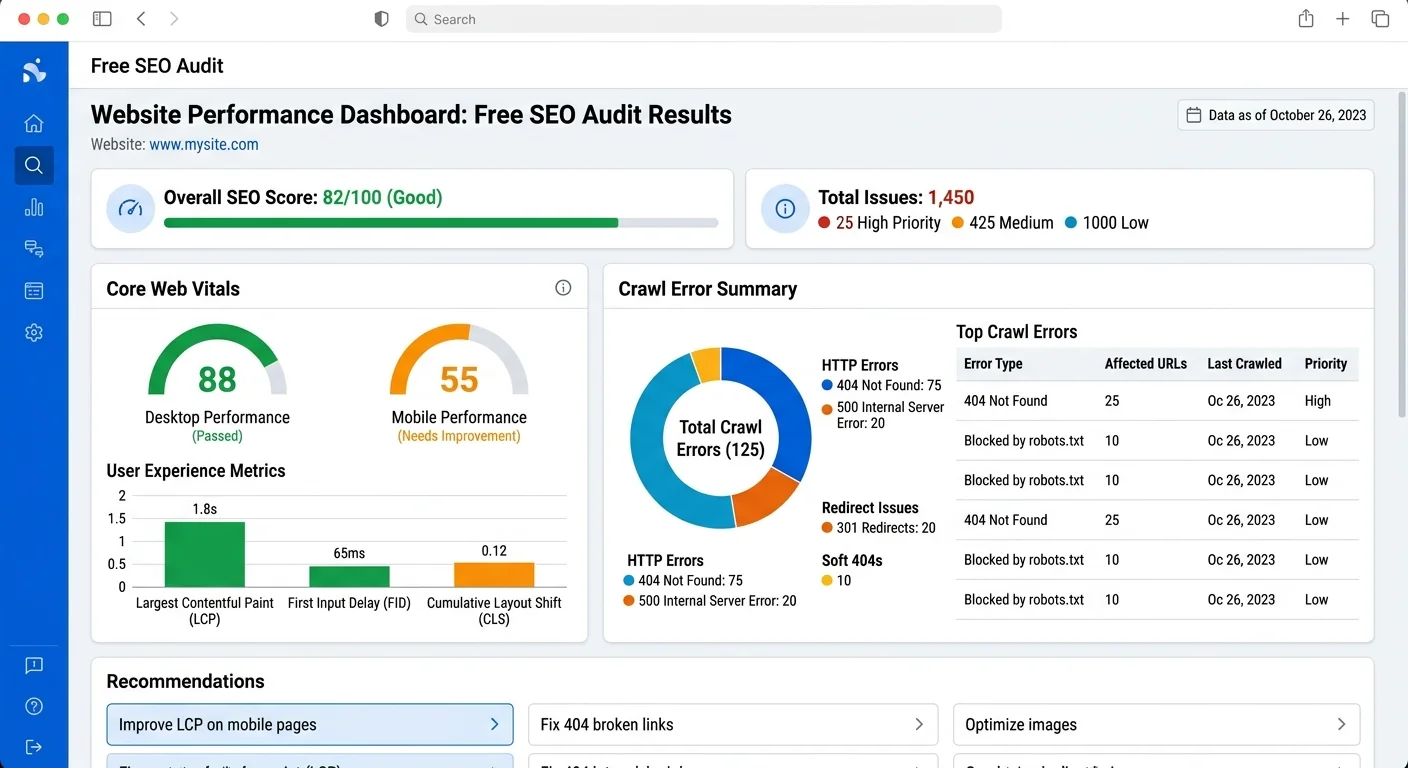 Free SEO audit dashboard displaying domain health metrics and technical errors